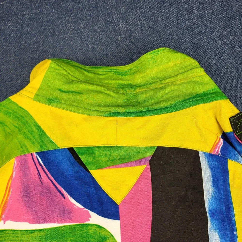 Berek Abstract Art Zip Up Jacket XL Yellow Green Rhinestone Bell Sleeve Cotton
